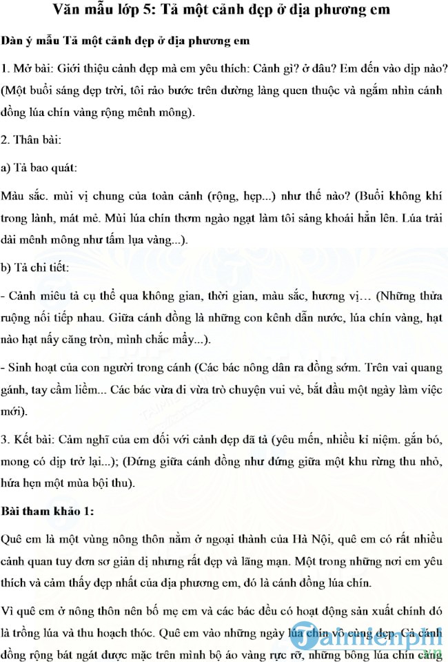 Tả cảnh quan của quê nhà văn chủng loại lớp